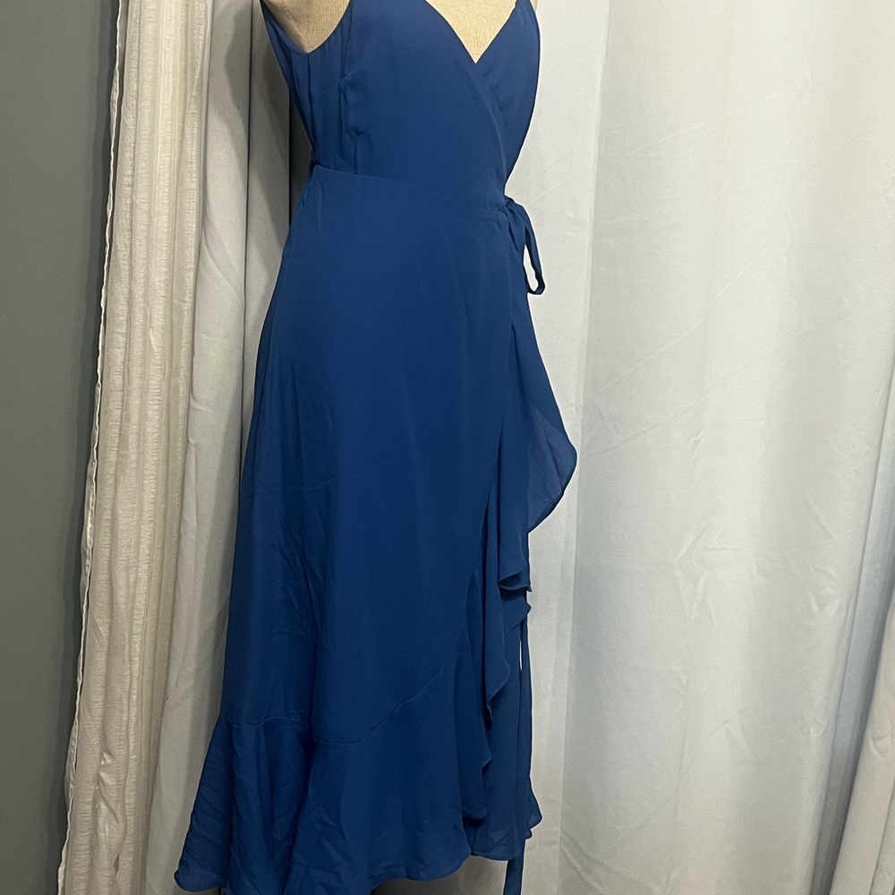 Lulus Manhattan Moment Ruffled Midi Wrap Dress Size S Blue Straps Sleeveless nwt - Picture 9 of 14